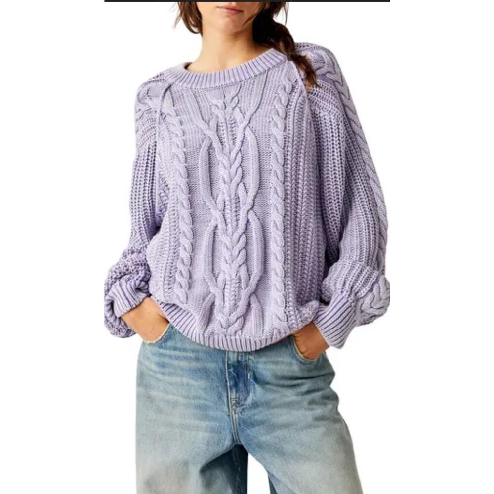 Free People Lavender Cable Scoop Neck Pullover